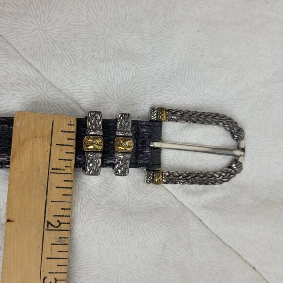 Brighton black textured leather belt mixed metal woven look silver gold finish L - Picture 6 of 7